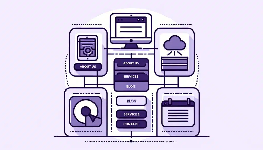 DALL·E 2024 05 31 16.13.24 A simple illustration demonstrating a website structure and architecture. The diagram should show a computer icon at the top followed by four main se New Era Digital