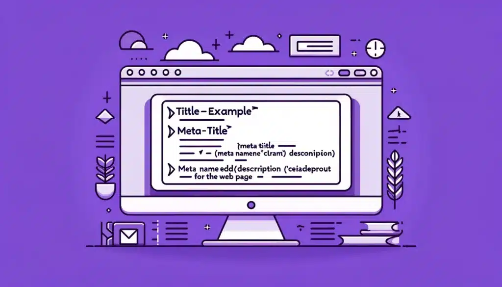 DALL·E 2024 05 31 16.31.38 A simple illustration demonstrating the addition of meta titles and descriptions. The diagram should show a computer screen with a web pages HTML cod New Era Digital