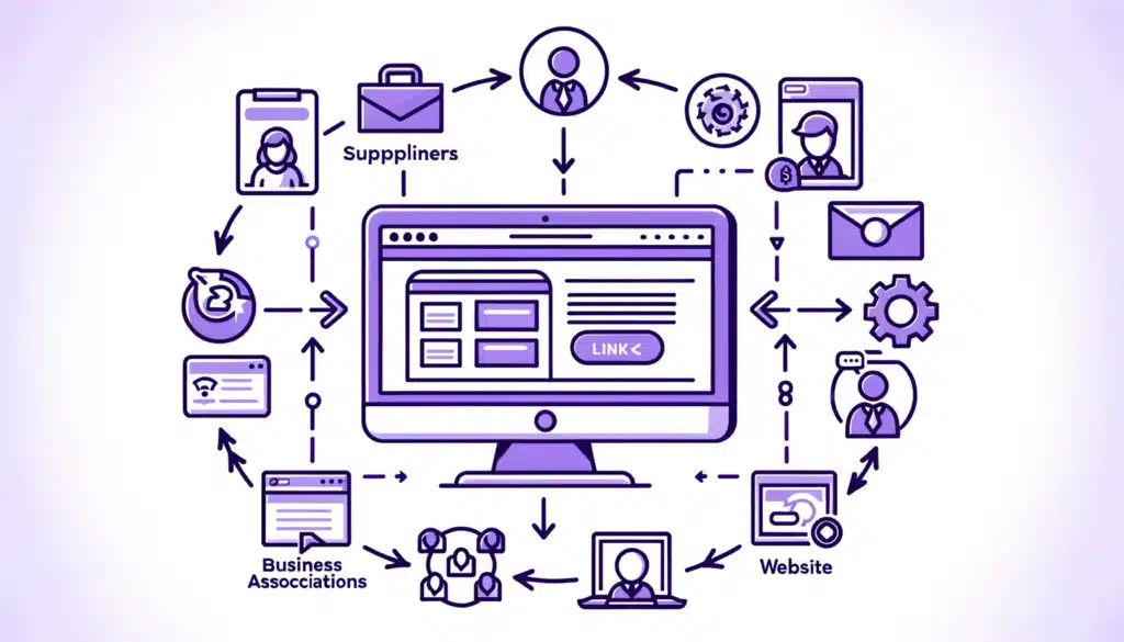 DALL·E 2024 05 31 18.10.18 A simple illustration demonstrating the process of asking suppliers and business associations to link to your website. The diagram should show a compu New Era Digital